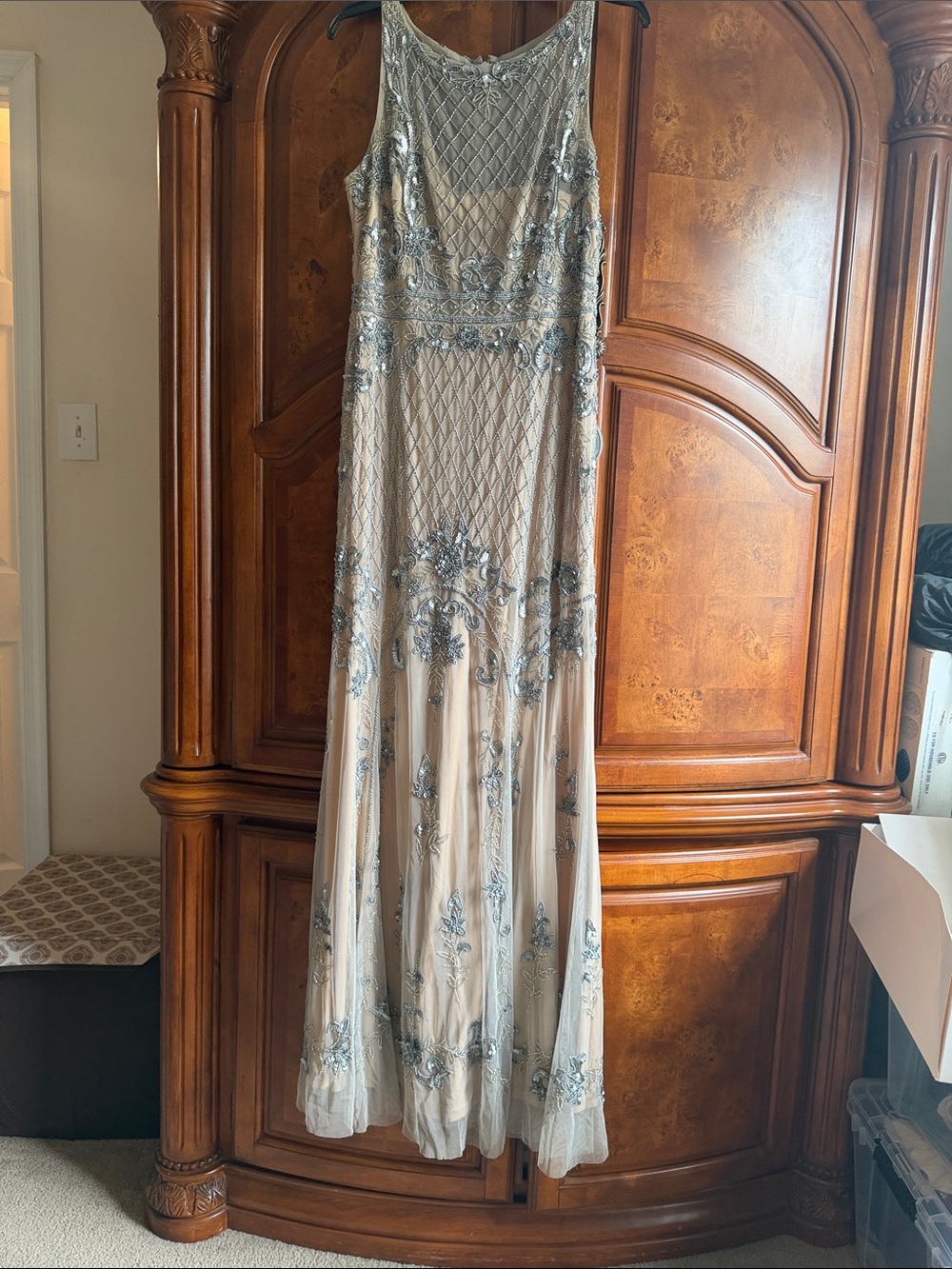 Adrianna Papell Beaded Ivory and Silver Maxi Dress